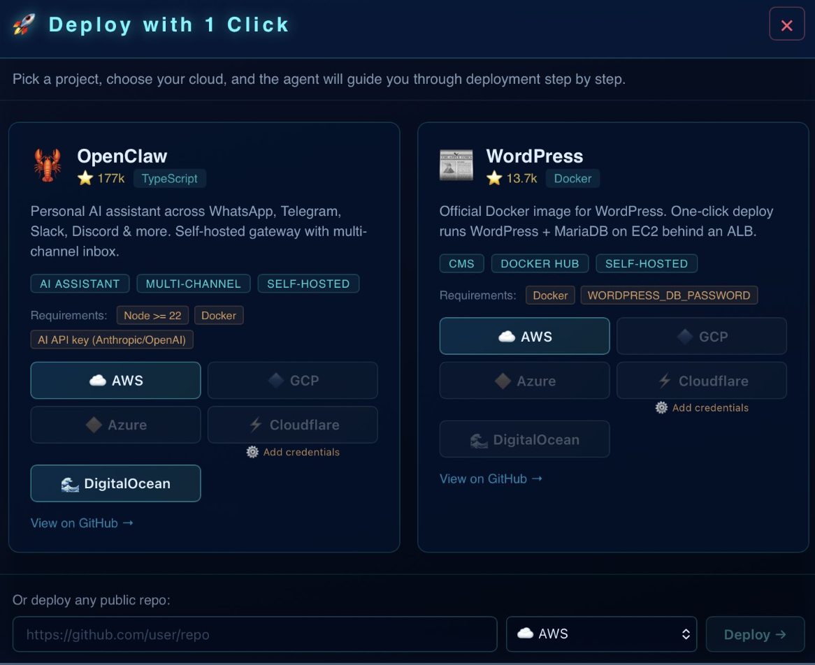One click deploy flow in Clanker Cloud